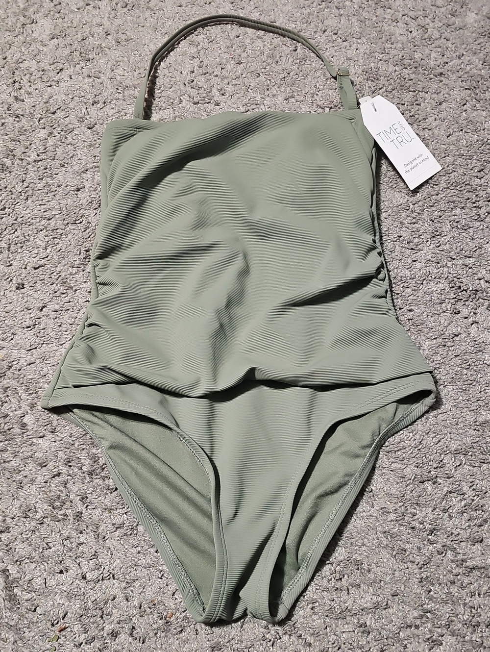 Time and Tru Womens Green Ribbed Halter One Piece Swim Suit Size XS(0-2)